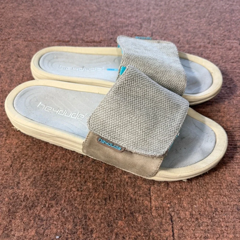 gently used Hey Dude Milo Dry Step Mesh Slides Mens Tan Teal Sandals Size 10